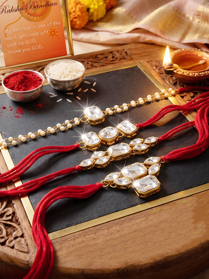 LUCKY JEWELLERY Traditional Rakhi for Brother/Bhaiya – Gold Plated Red Thread Rakshabandhan Rakhie White Stones for Bhai/Bhabhi (Pack of 4) – Fancy Rakhee Bracelet Rakshasutra (182-L1R1-18-W-4-2026)