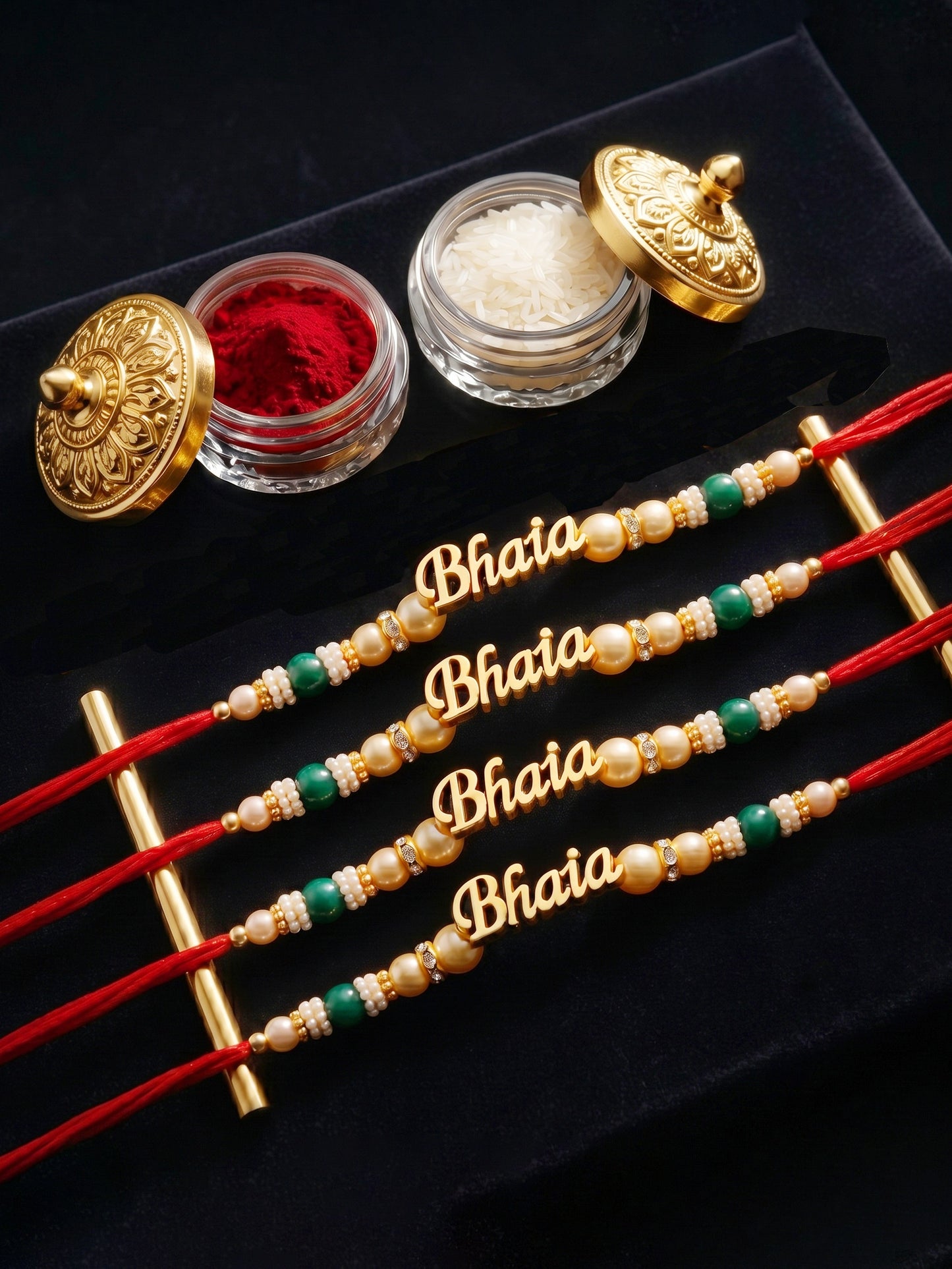 Set of 4 Gold Bhaia Rakhi for Brothers with Green & Beads, Roli Chawal & Card (94-CHR1-1965-4-2026)