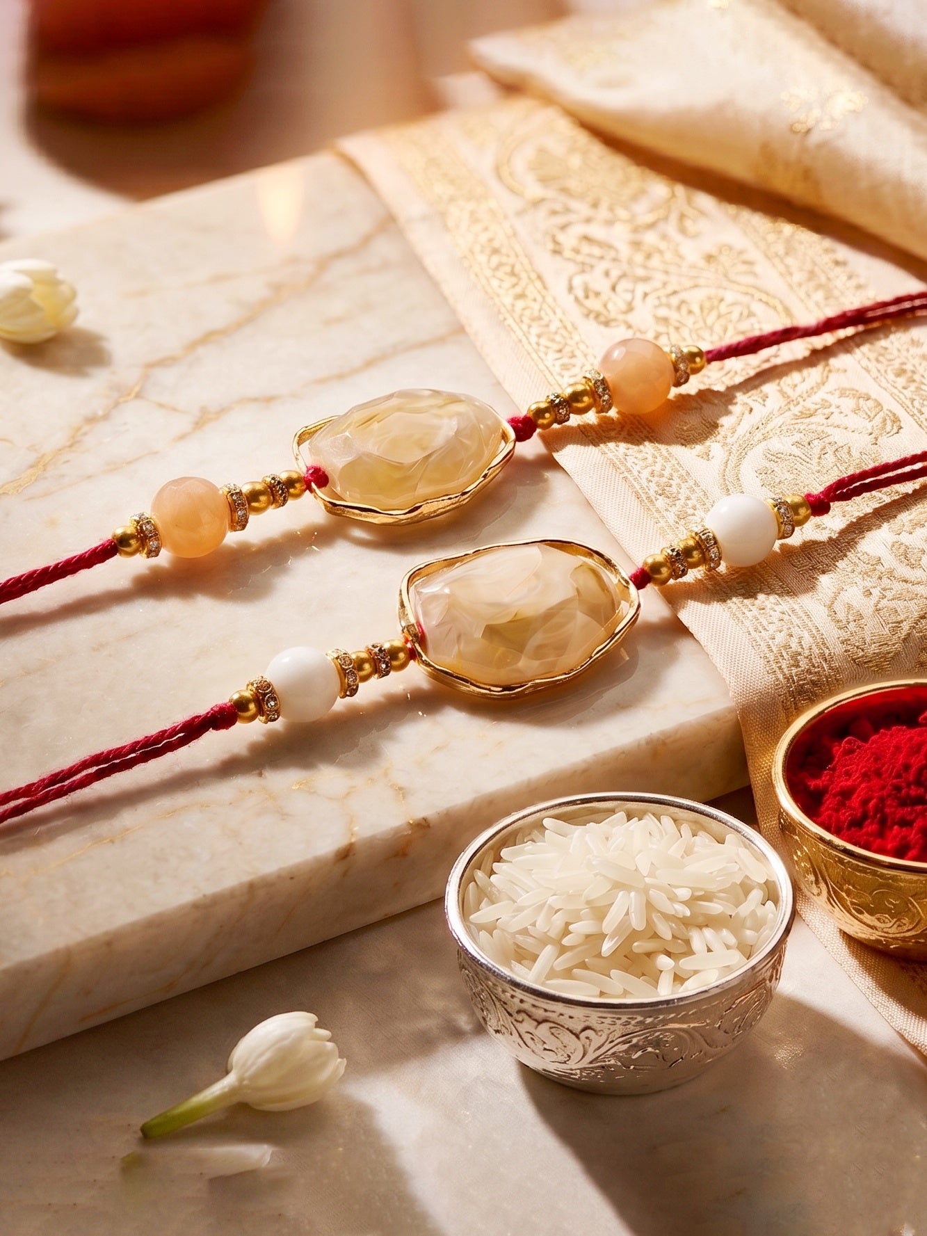 Designer Rakhi Set of 2 for Brothers. Elegant Faux Stone Centerpiece with Beads, Roli, Chawal (240-CHR1-1244-2-2026)