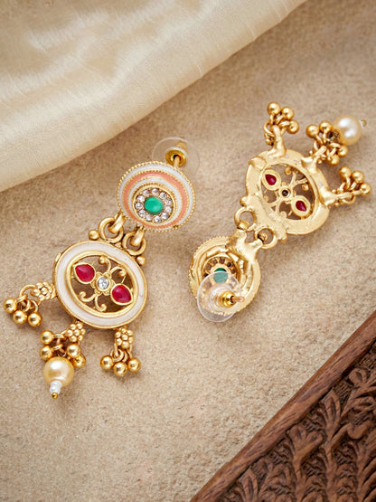 Lucky Jewellery Gold-Plated Meenakari Red & Green Stone Necklace Set (580-G2SR-260-WRG)