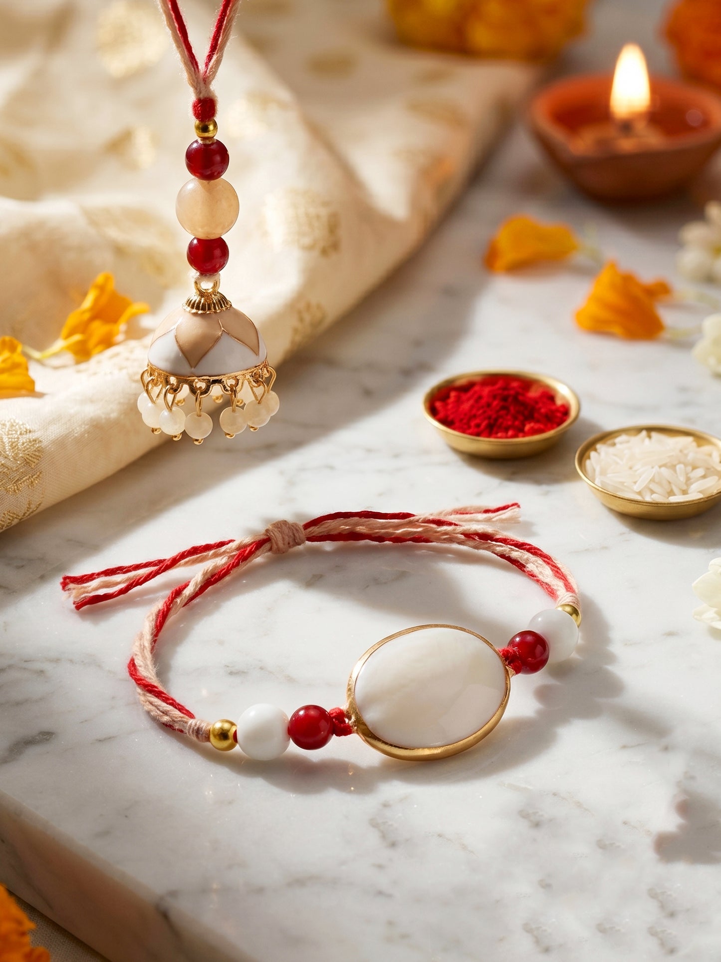 Set of 2 White & Maroon Bhaiya Bhabhi Rakhi Set, Designer Lumba with Beads, Roli, Chawal & Card (265-CHCR1-1151-W-2-2026)