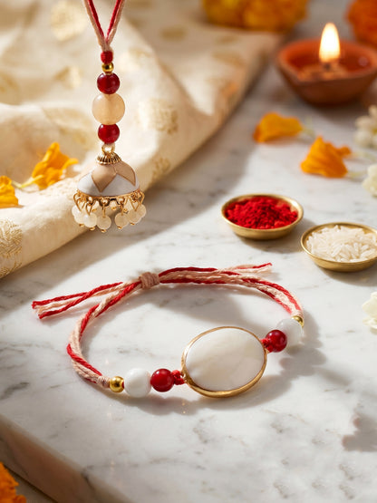 Set of 2 White & Maroon Bhaiya Bhabhi Rakhi Set, Designer Lumba with Beads, Roli, Chawal & Card (265-CHCR1-1151-W-2-2026)
