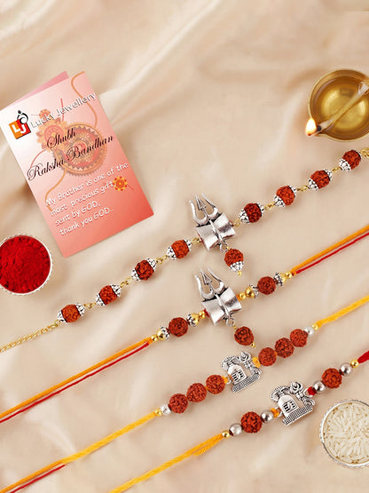 Set of 4 Rakhi with Trishul & Shivling Pendants, Rudraksha Beads, Roli Chawal & Card (220-CHR1-196372-4-2026)