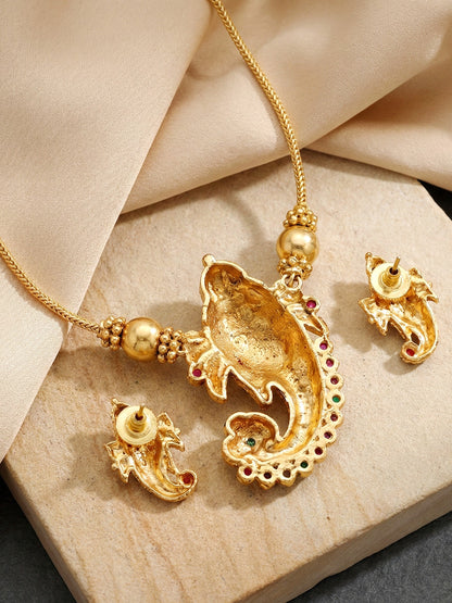 Traditional Gold-Tone Lord Ganesha Necklace Set with Pink & Green Stone Detailing | Temple Style Ethnic Jewellery with Stud Earrings for Festive & Wedding Wear (590-ISR-2181-RG)