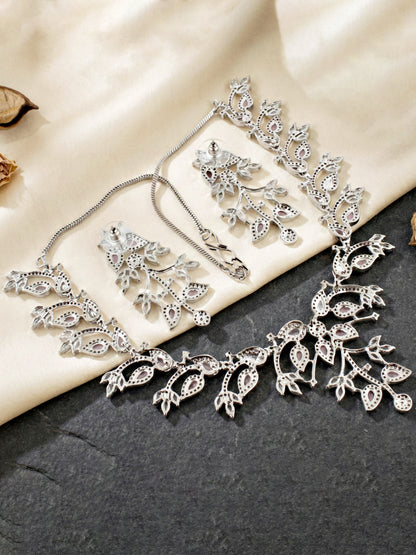 Silver-Tone Pink Stone & American Diamond Necklace Set with Earrings for Women – Office, Party & Function Wear (1948-K4SA-2241-PK-S)
