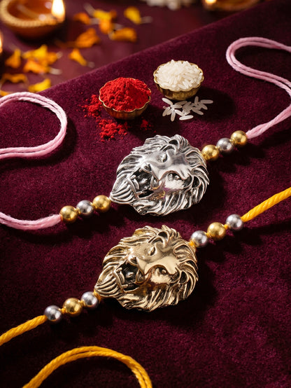 Lion Face Rakhi Set of 2 for Brothers With Metallic Gold & Silver Charm with Beaded, Roli, Chawal (250-CHR1-1175-2-2026)