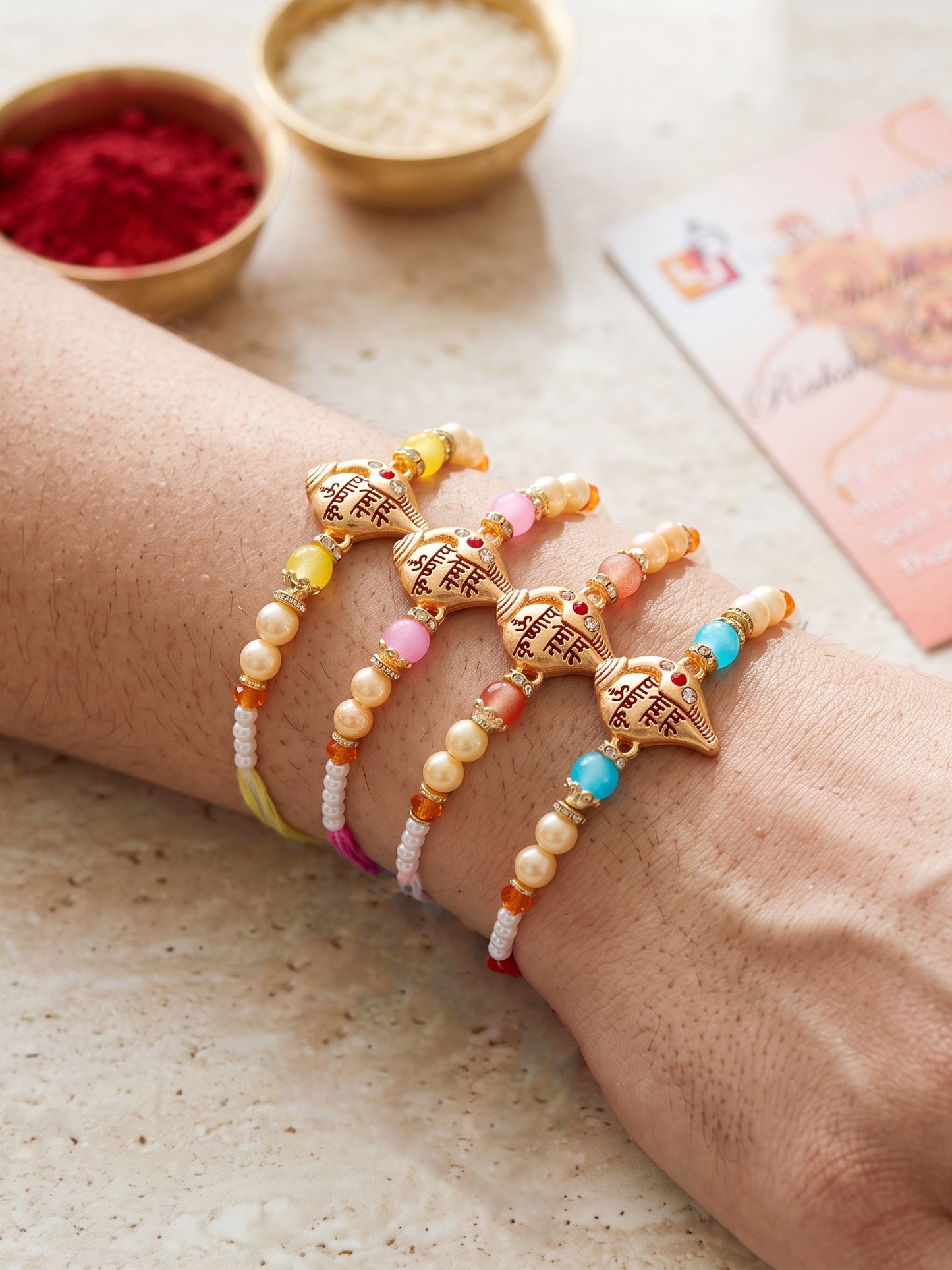 Lucky Jewellery Set of 4 Om Krishnaya Namah Shankh Rakhi for Brother with Roli, Chawal & Greeting Card (202-S7R1-2323-4)