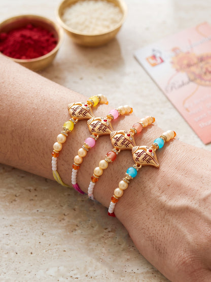 Lucky Jewellery Set of 4 Om Krishnaya Namah Shankh Rakhi for Brother with Roli, Chawal & Greeting Card (202-S7R1-2323-4)