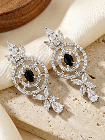 Silver-Tone Black Stone & American Diamond Necklace Set with Earrings for Women – Office, Party & Function Wear (1717-K4SA-2242-BL-S)