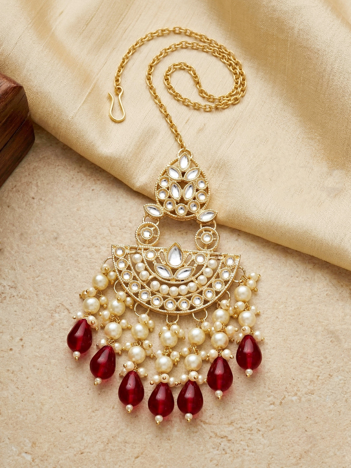 Gold Plated Kundan & Pearl Maroon Stone Bridal Choker Jewellery Set with Maang Tikka (1683-ISK-855-M)