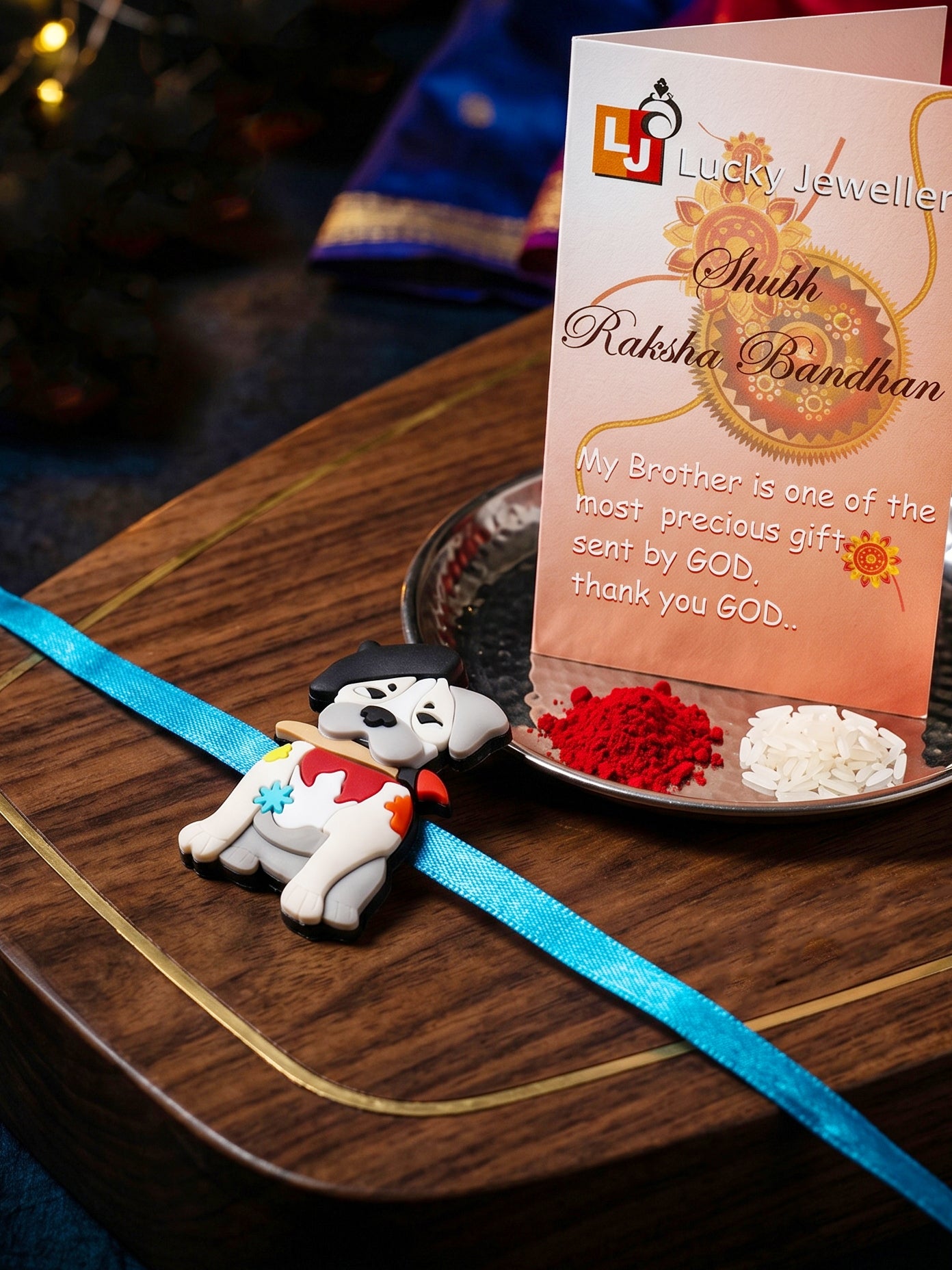 Kids Rakhi for Little Brother, Cute Cartoon Dog Acrylic Charm on Soft Blue Ribbon, Roli, Chawal (425-CHR1-1194-1-2026)