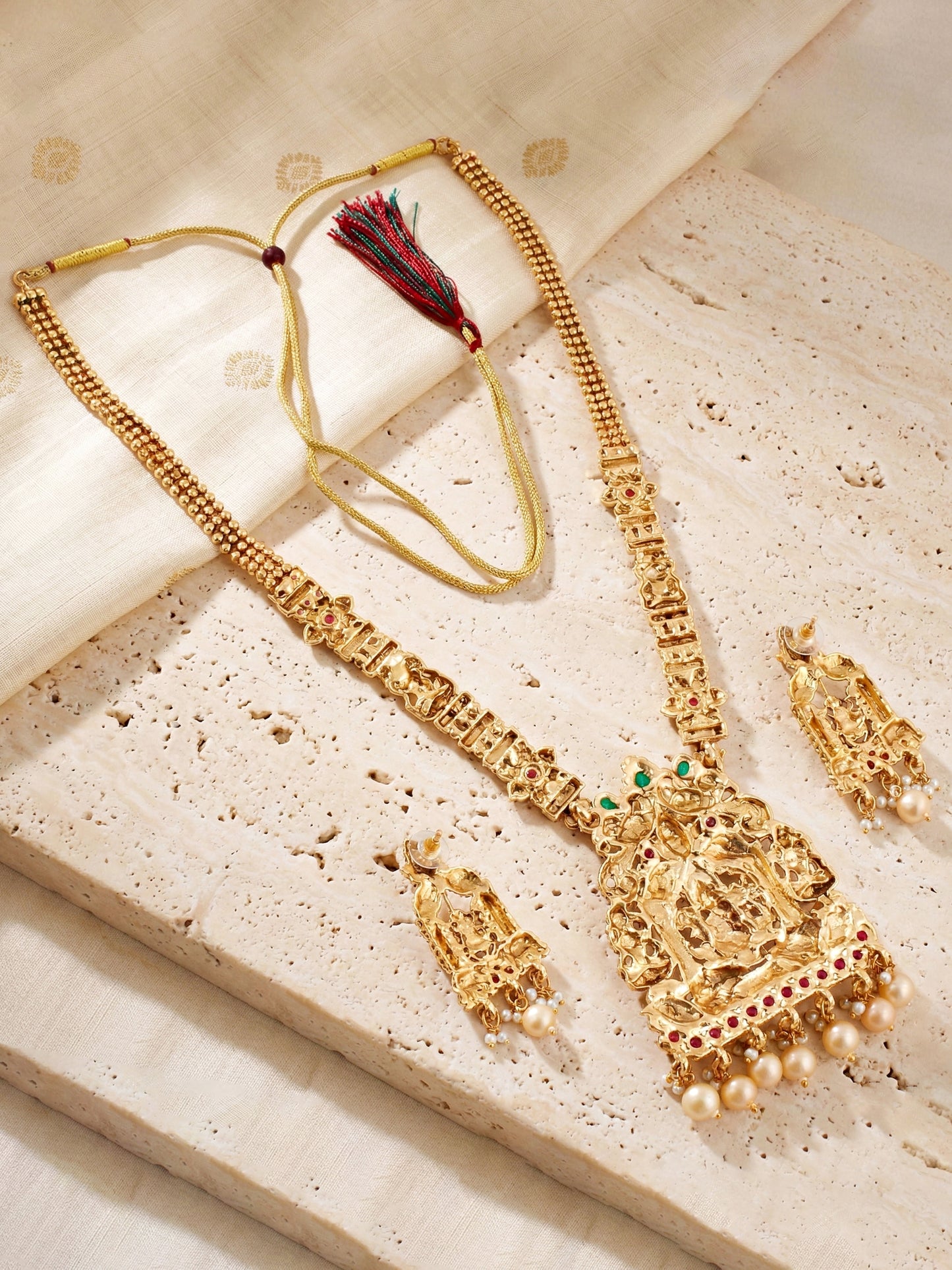 Lucky Jewellery Gold-Plated Ganesh Laxmi Ruby & Green Color Necklace Set (660-G2SR-200-RG)