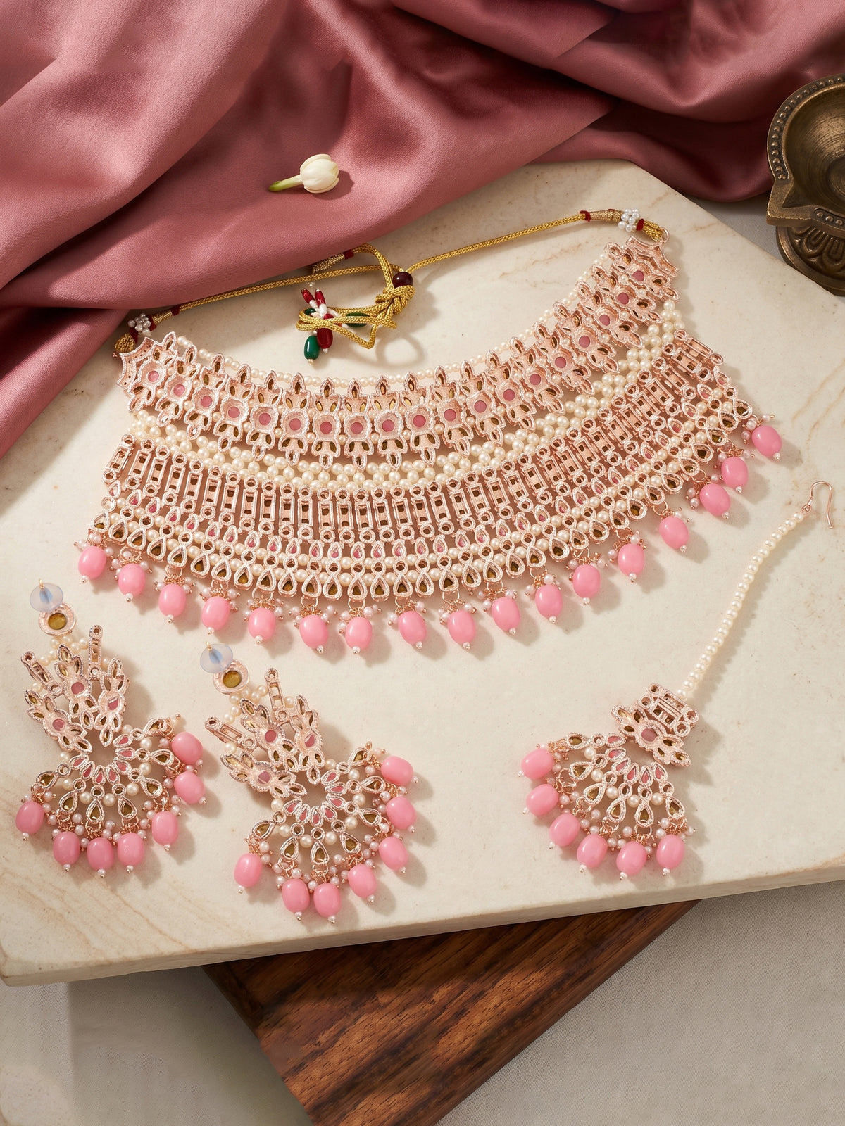 Rose Gold Plated AD Pink Stone & Pearl Bridal Choker Jewellery Set with Maang Tikka (974-B5SP-007-PK)
