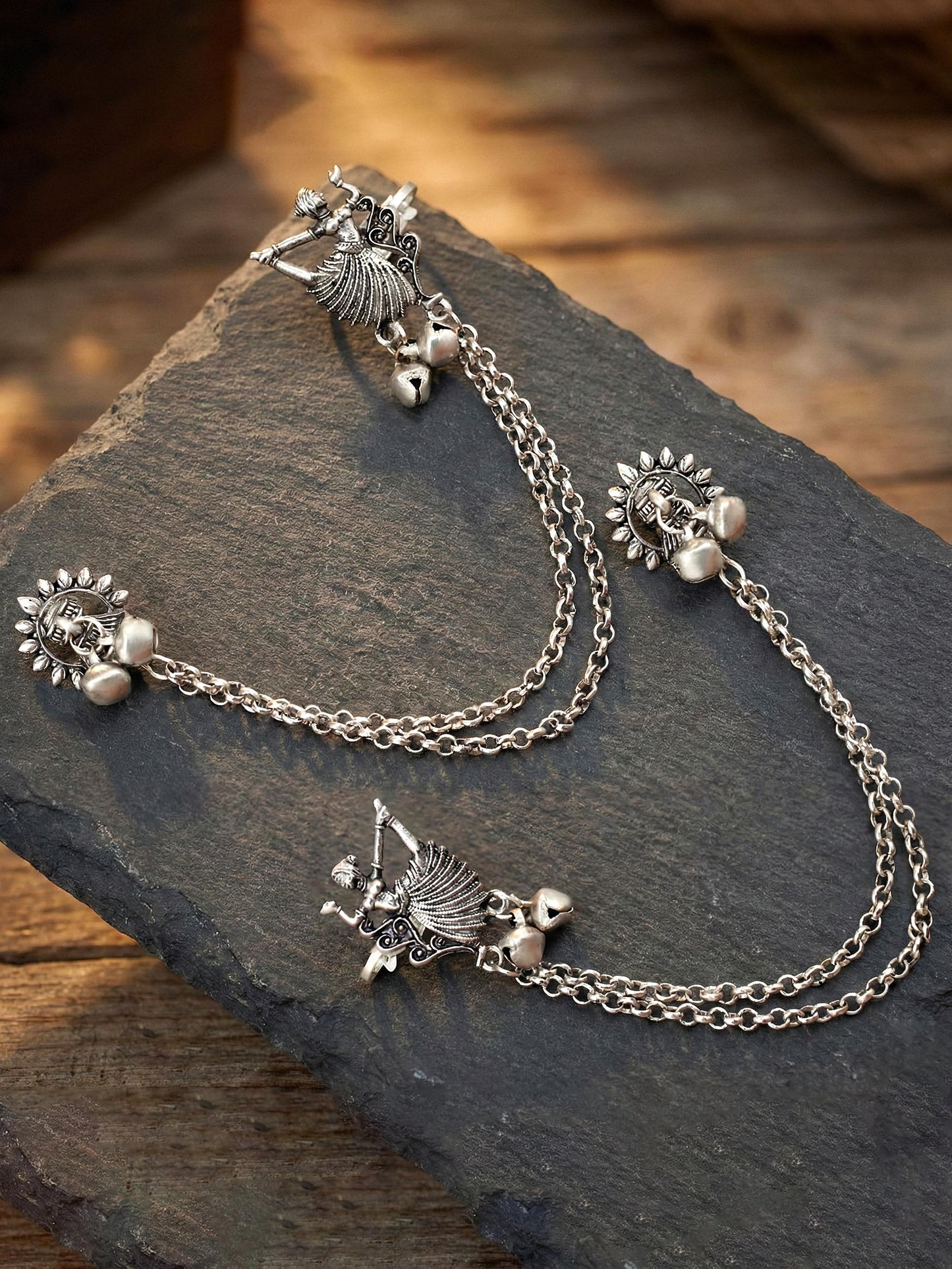 Oxidised Silver Tribal Dancer Ear Cuff with Ghungroo Chain Earrings For Girls & Women (258-KK2O-10672)