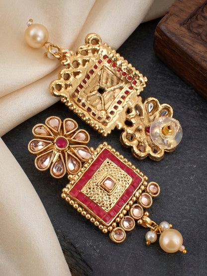 Lucky Jewellery Gold-Plated Ruby Color Traditional Necklace Set (726-G2SR-197-R)
