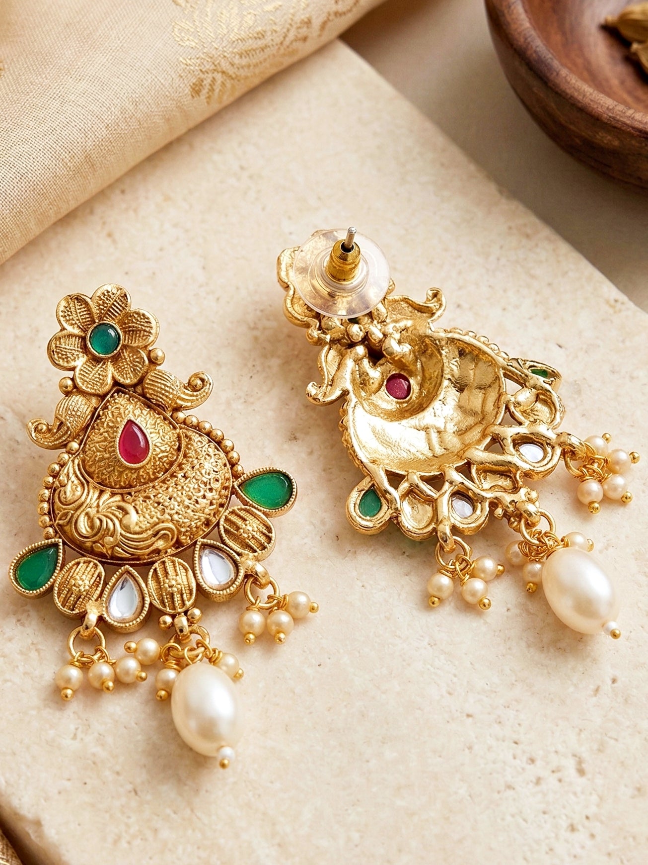 Lucky Jewellery Gold-Plated Ruby & Green Color Long Necklace Set (660-G2SR-203-RG)