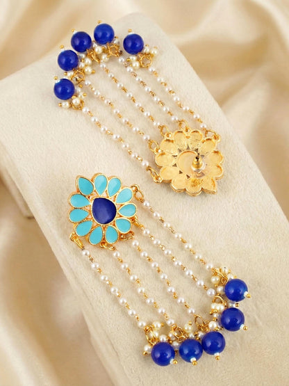 Gold-Plated Enamel Floral Long Earrings with Moti Layers and Blue Beads Earring For Girls & Women (354-KEO-13113-FB)