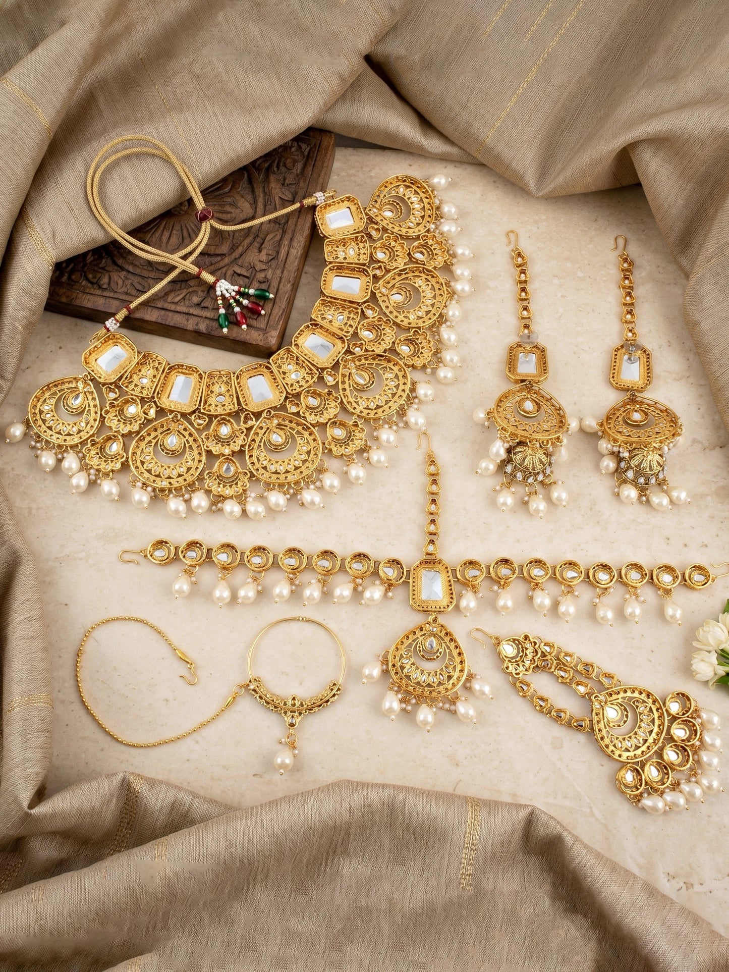 Bridal AD White Pearl Heavy Choker Jewellery Set with Sheesh Patti, Nath & Jhumka (3300-M8ZK-1106-W)