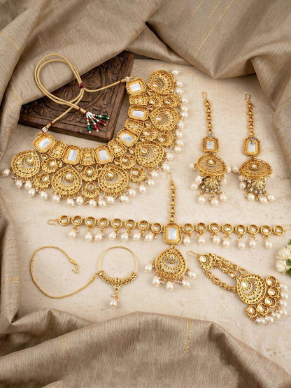 Bridal AD White Pearl Heavy Choker Jewellery Set with Sheesh Patti, Nath & Jhumka (3300-M8ZK-1106-W)