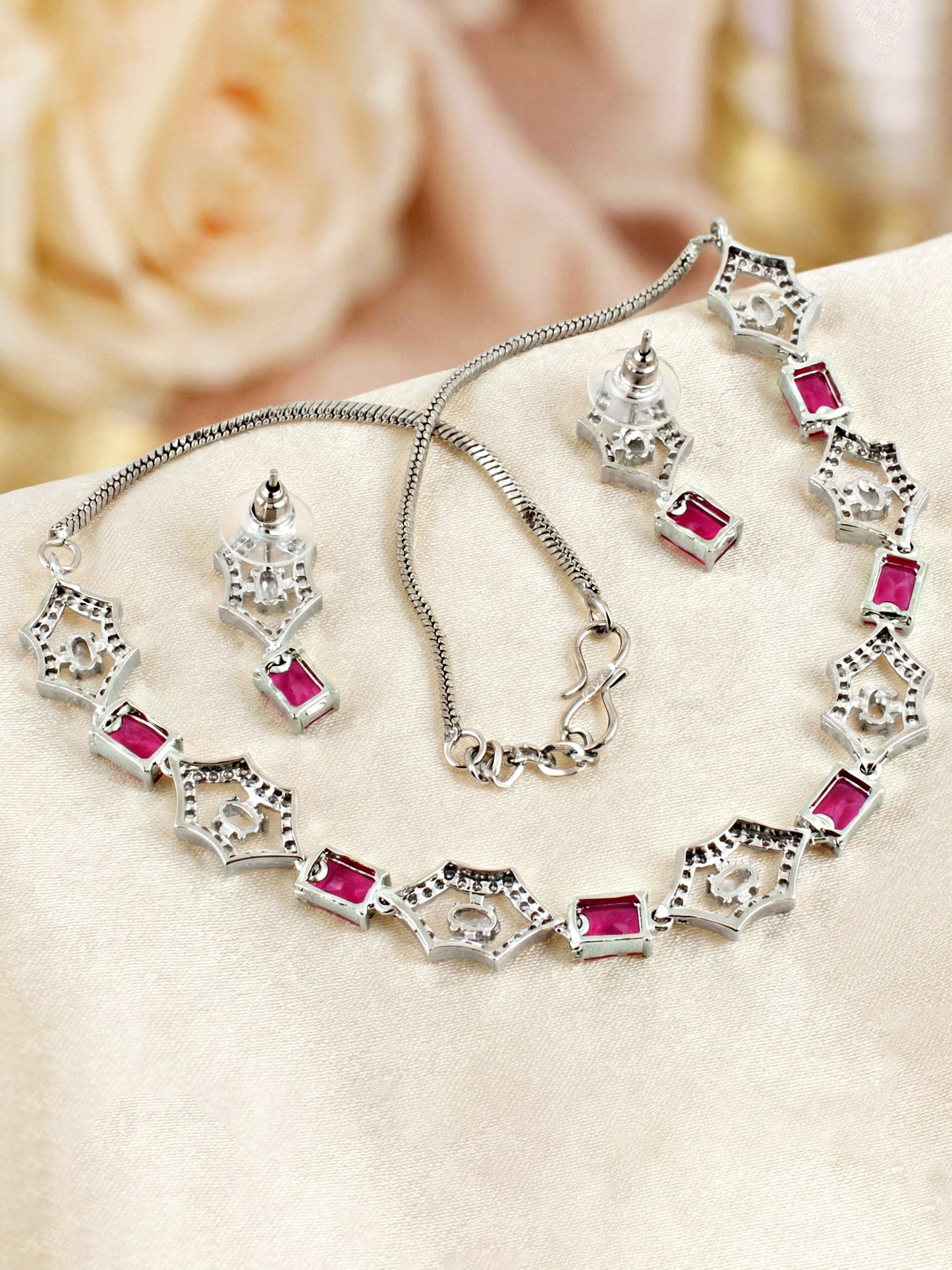 Silver-Tone Ruby Red Stone & American Diamond Necklace Set with Earrings for Women – Office, Party & Function Wear (628-K4SA-2240-R-S)