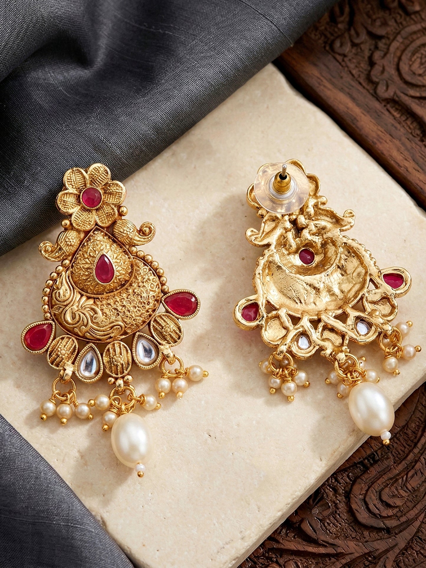 Lucky Jewellery Gold-Plated Ruby Color Long Necklace Set (660-G2SR-203-R)
