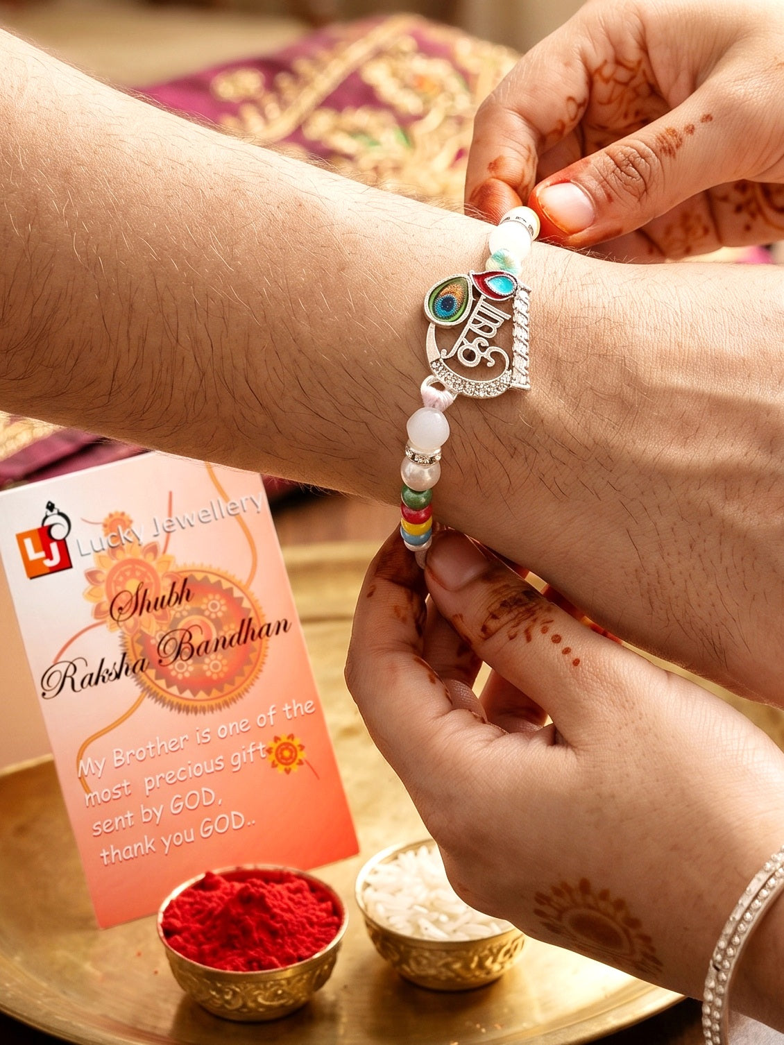 Spiritual Silver Krishna Bansuri Beaded Rakhi For Brother With Roli Chawal & Card (102-S5R1-AR2728)