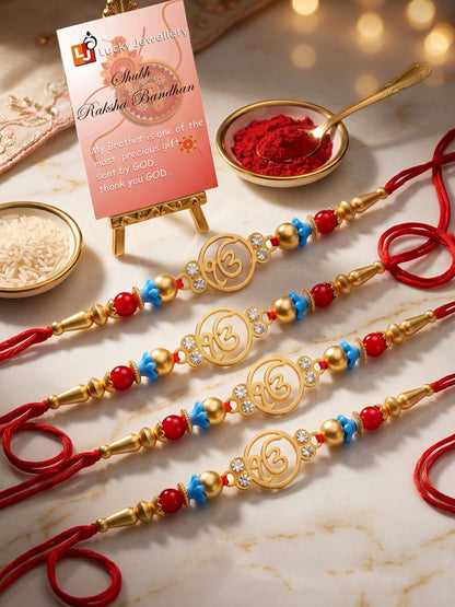 Lucky Jewellery Set of 4 Rakhi with Ek Onkar Pendant, Maroon & Blue Beads, Roli Chawal & Card (62-S7R1-2322-4)