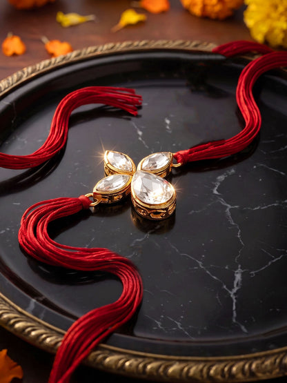 LUCKY JEWELLERY Traditional Rakhi for Brother/Bhaiya – Gold Plated Red Thread Rakshabandhan Rakhie in White Stones for Bhai/Bhabhi (Pack of 2) – Fancy Rakhee Rakshasutra (152-L1R1-06-10-W-2-2026)