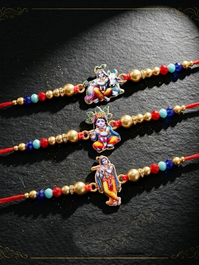 Designer Krishna Rakhi Set of 3 for Bhai | Traditional Red Thread with Golden & Colored Beads | Raksha Bandhan Gift Pack with Roli Chawal Card (252-S5R1-2310-3)