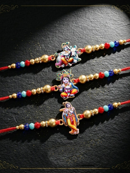 Designer Krishna Rakhi Set of 3 for Bhai | Traditional Red Thread with Golden & Colored Beads | Raksha Bandhan Gift Pack with Roli Chawal Card (252-S5R1-2310-3)