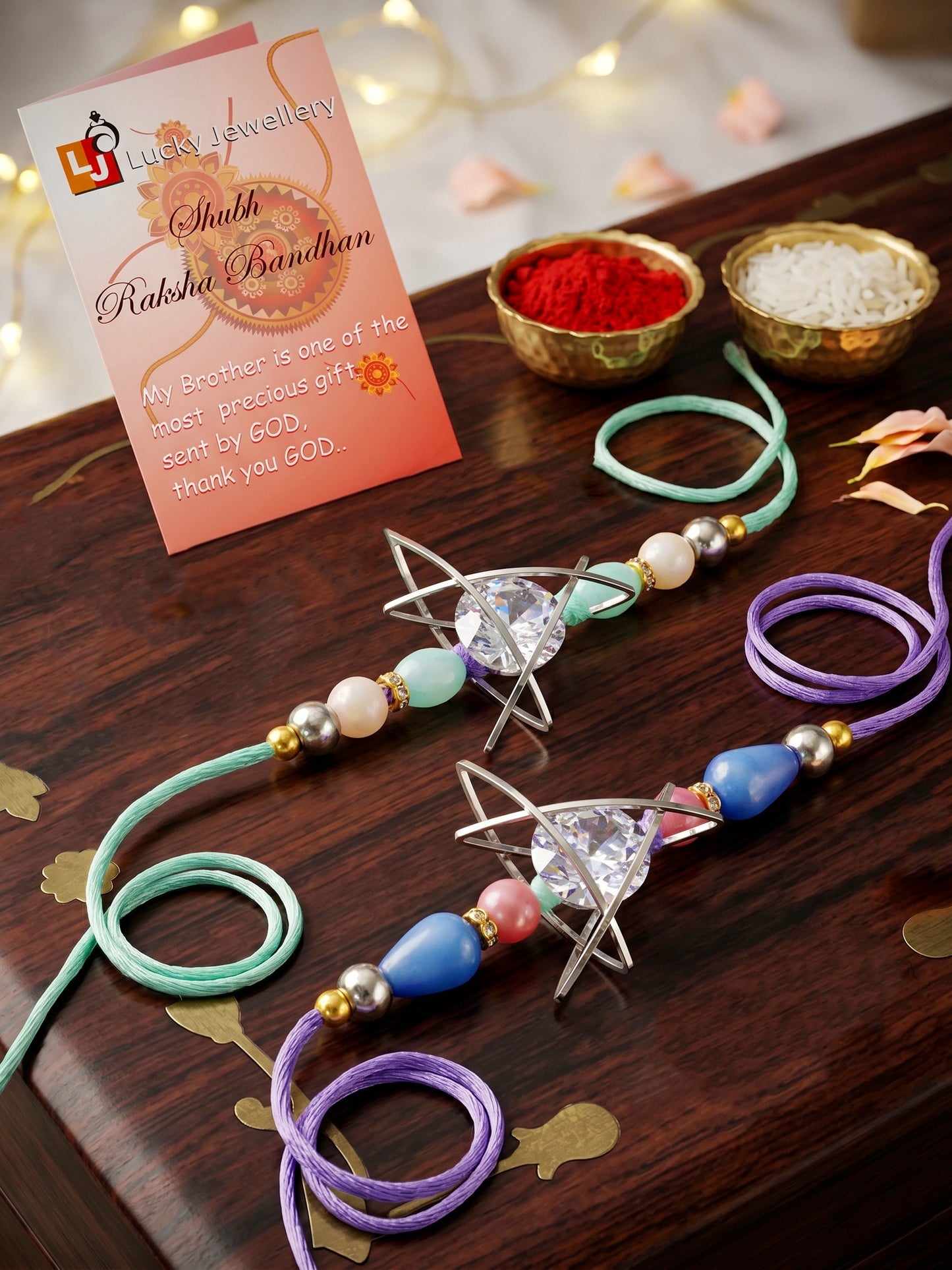 Set of 2 Rakhi with Silver Geometric AD Pendant, Pastel Beads, Roli Chawal & Card (225-CHR1-1004C-S-2-2026)