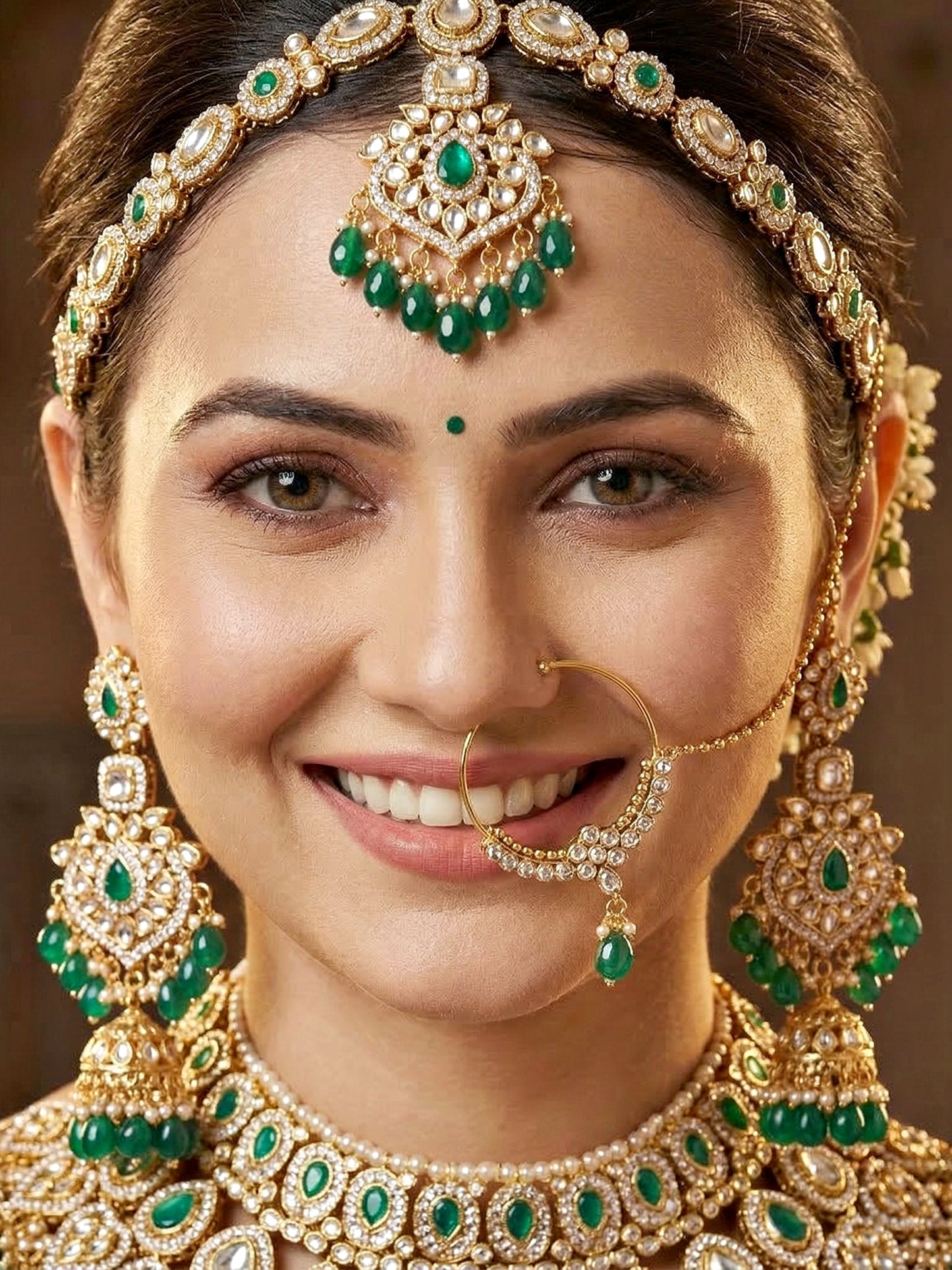 Bridal AD Green Stone Heavy Choker Jewellery Set with Jhumka & Nath (3300-M8ZK-1102-G)