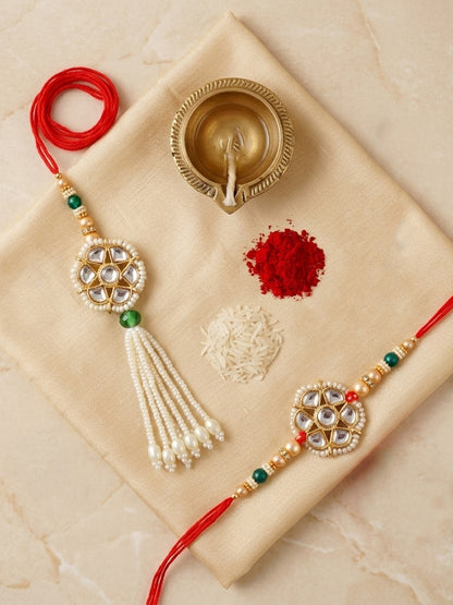 Set of 2 Bhaiya Bhabhi Rakhi Set with Floral Kundan, Green & White Beads, Tassel Lumba, Roli Chawal (118-JPCR1-1850-2-2026)
