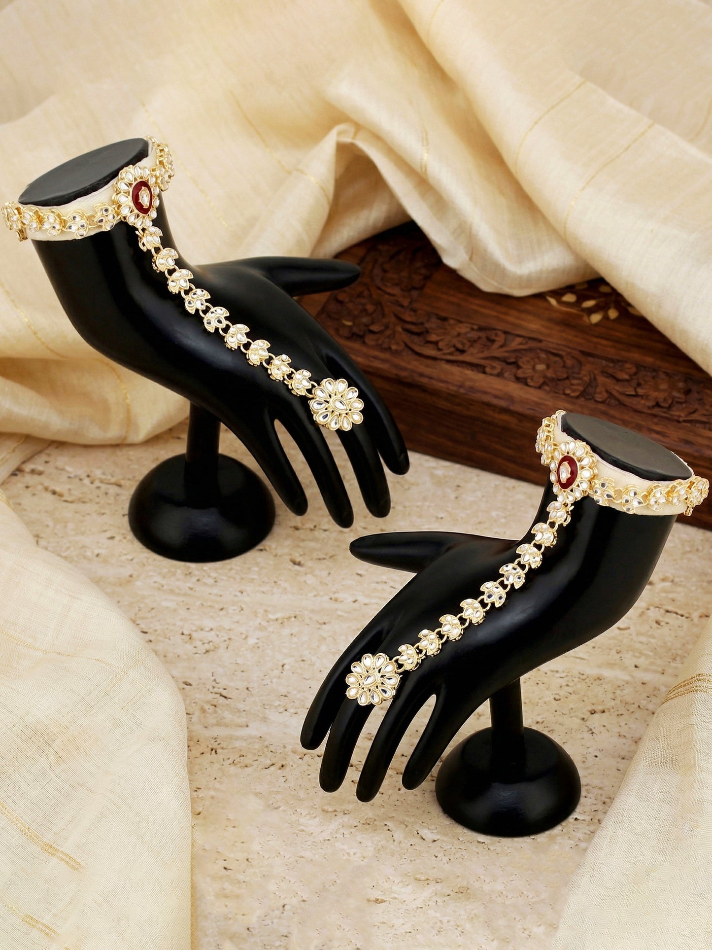 Bridal Kundan Maroon Choker Jewellery Set with Hathphool & Nath (2541-IZK-554-M)