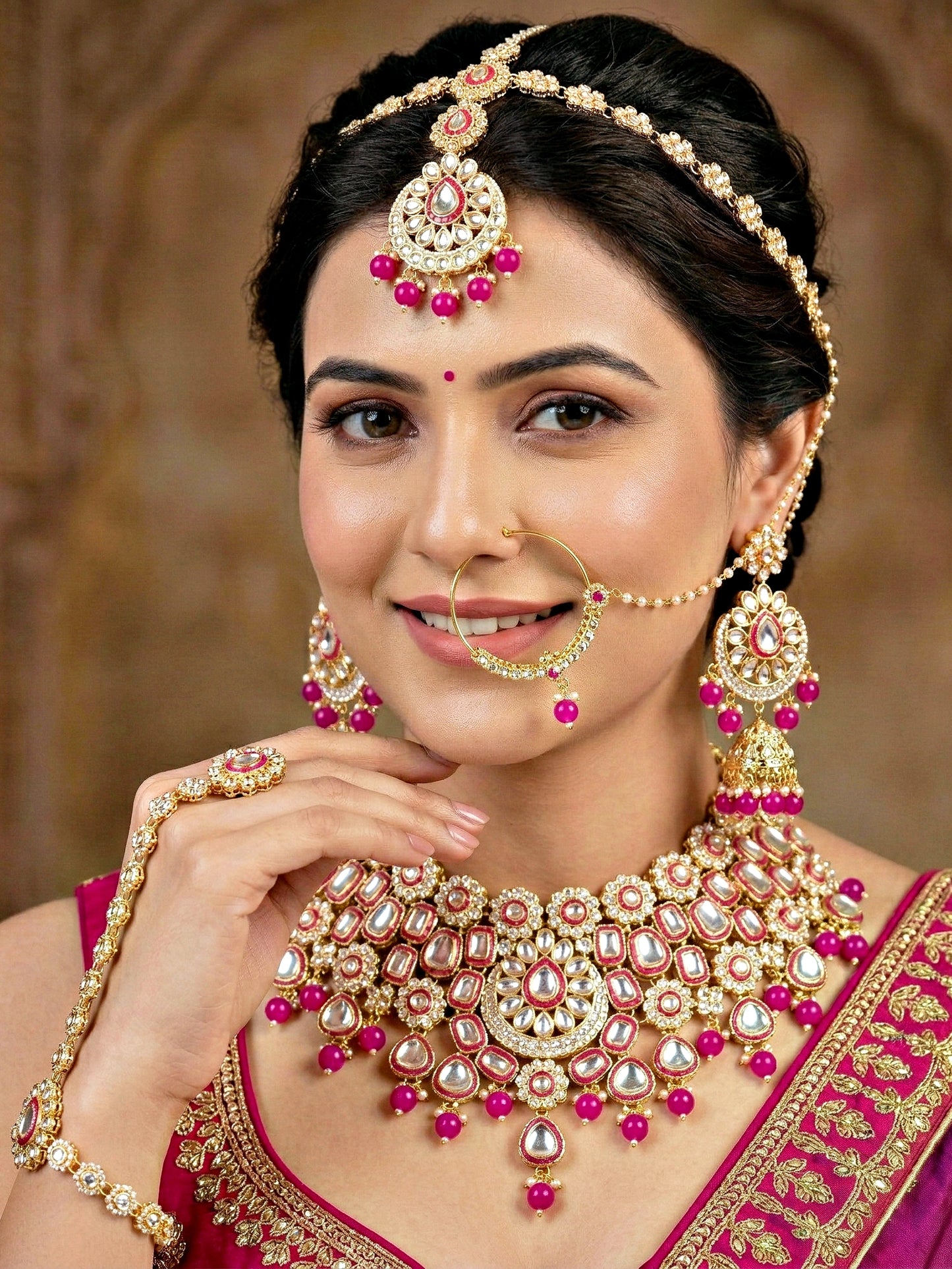 Bridal Kundan Red Choker Jewellery Set with Hathphool & Nath (2541-IZK-554-R)