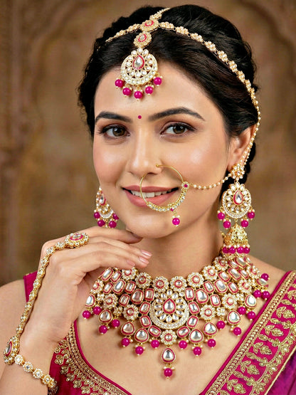Bridal Kundan Red Choker Jewellery Set with Hathphool & Nath (2541-IZK-554-R)