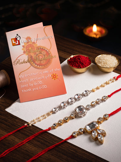 LUCKY JEWELLERY Traditional Rakhi for Brother/Bhaiya – Gold Plated Red Thread Rakshabandhan Rakhie White Stones for Bhai/Bhabhi (Pack of 3) – Fancy Rakhee Bracelet Rakshasutra (159-L1R1-01-W-3-2026)