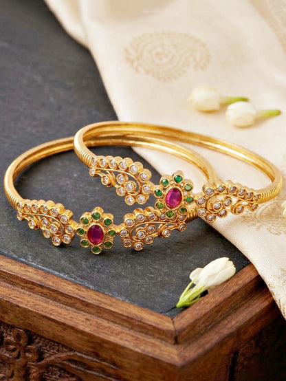 Gold-Plated AD Floral Pink & Green Stone Bangle (612-C1BG-2196-2)