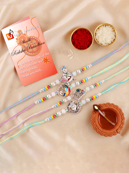 Lucky Jewellery Set of 4 Silver-Toned Bal Krishna & Peacock Rakhi for Brother | Designer Beaded Raksha Bandhan Threads with Roli, Chawal & Card (408-S5R1-2308-4)