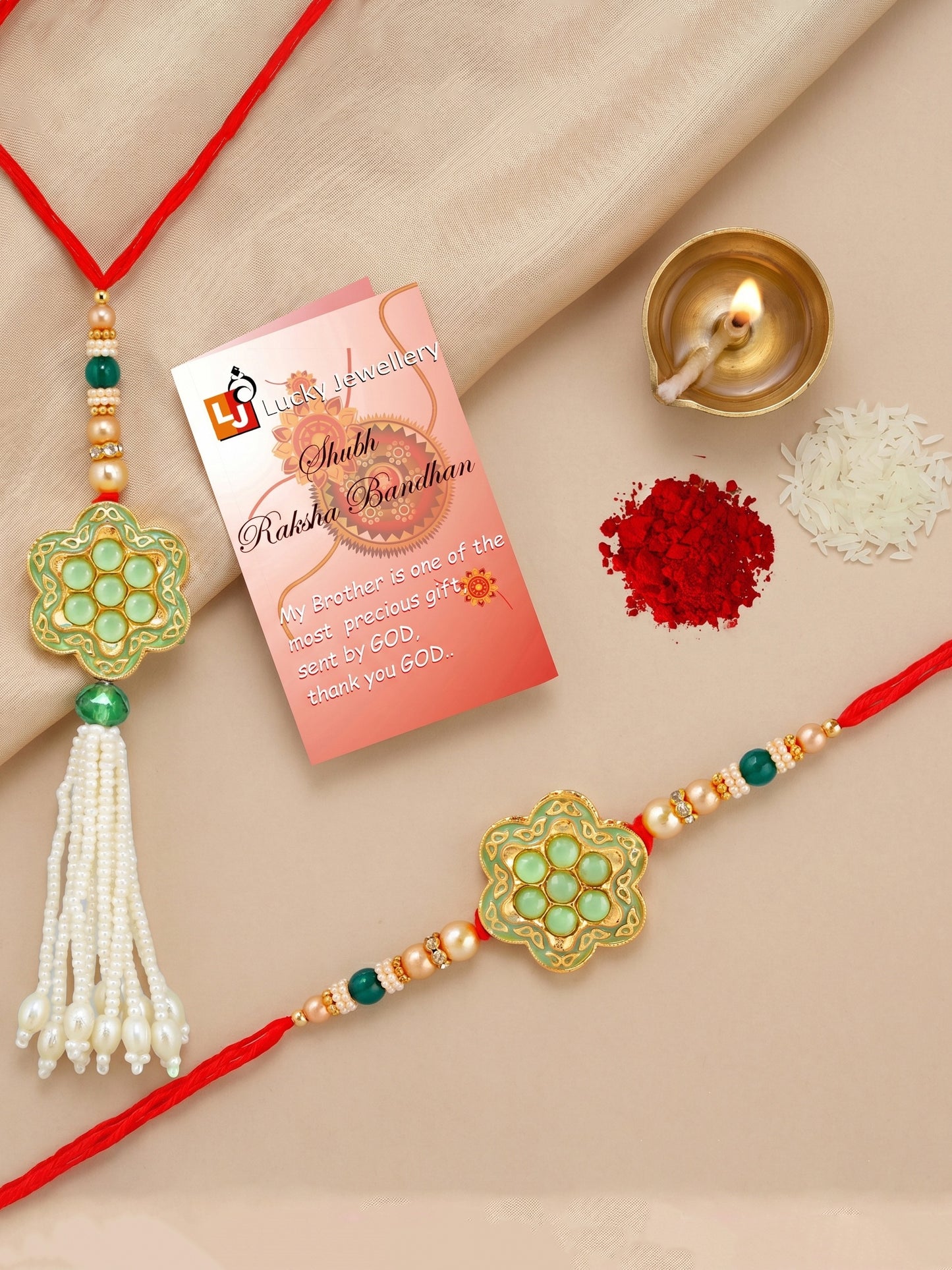 Set of 2 Bhaiya Bhabhi Rakhi Set with Floral Mint Pendant, Green & Golden Beads,Tassel Lumba (130-JPCR1-1857-MNT-2-2026)