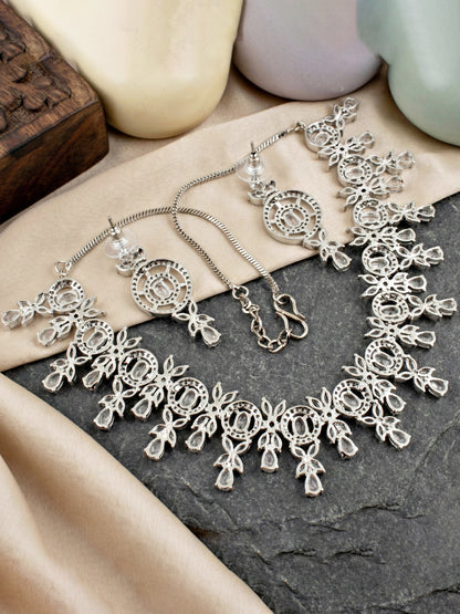 Silver-Tone White Stone & American Diamond Necklace Set with Earrings for Women – Office, Party & Function Wear (1717-K4SA-2242-W-S)