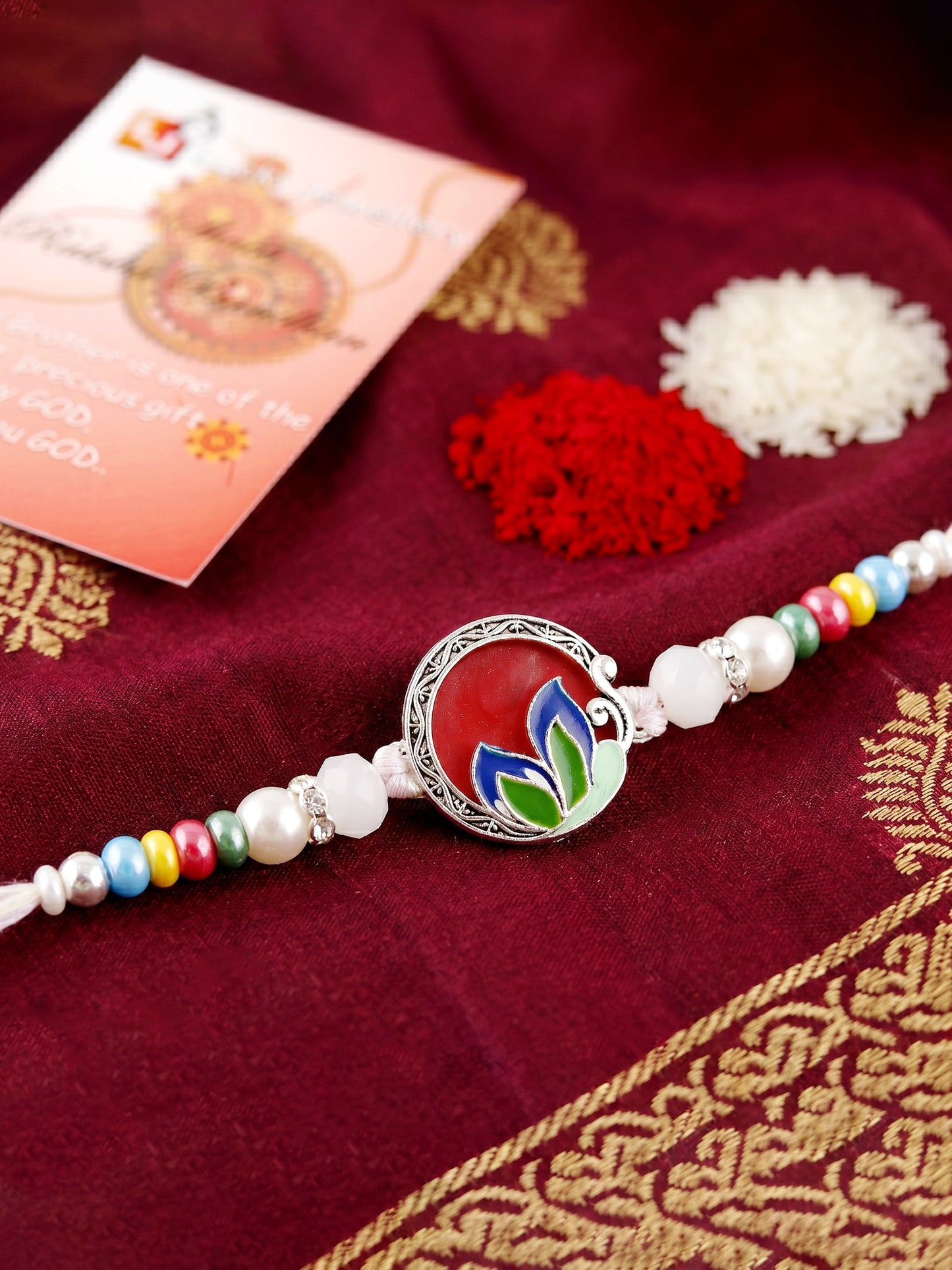 Traditional Meenakari Floral Rakhi For Brother | Silver-Finish Red & Maroon Enamel Beaded Rakhi Set (132-S5R1-AR2772)