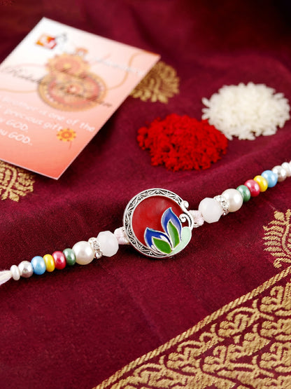 Traditional Meenakari Floral Rakhi For Brother | Silver-Finish Red & Maroon Enamel Beaded Rakhi Set (132-S5R1-AR2772)