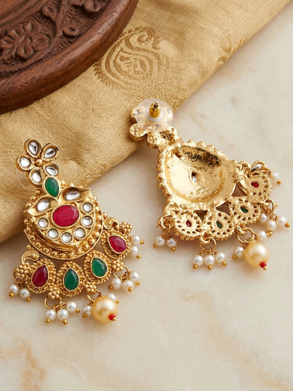 Lucky Jewellery Gold-Plated Ruby & Green Color Long Necklace Set (732-G2SR-194-RG)