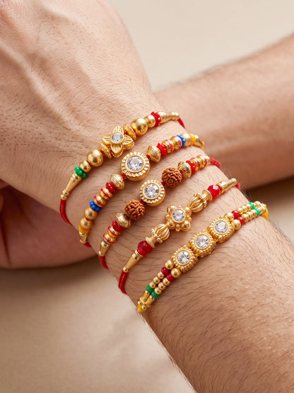 Lucky Jewellery Set of 5 Rakhi with Small Crystal Centerpieces, Gold-Tone & Multicolor Beads, Roli Chawal & Card (61-S7R1-2319-5)