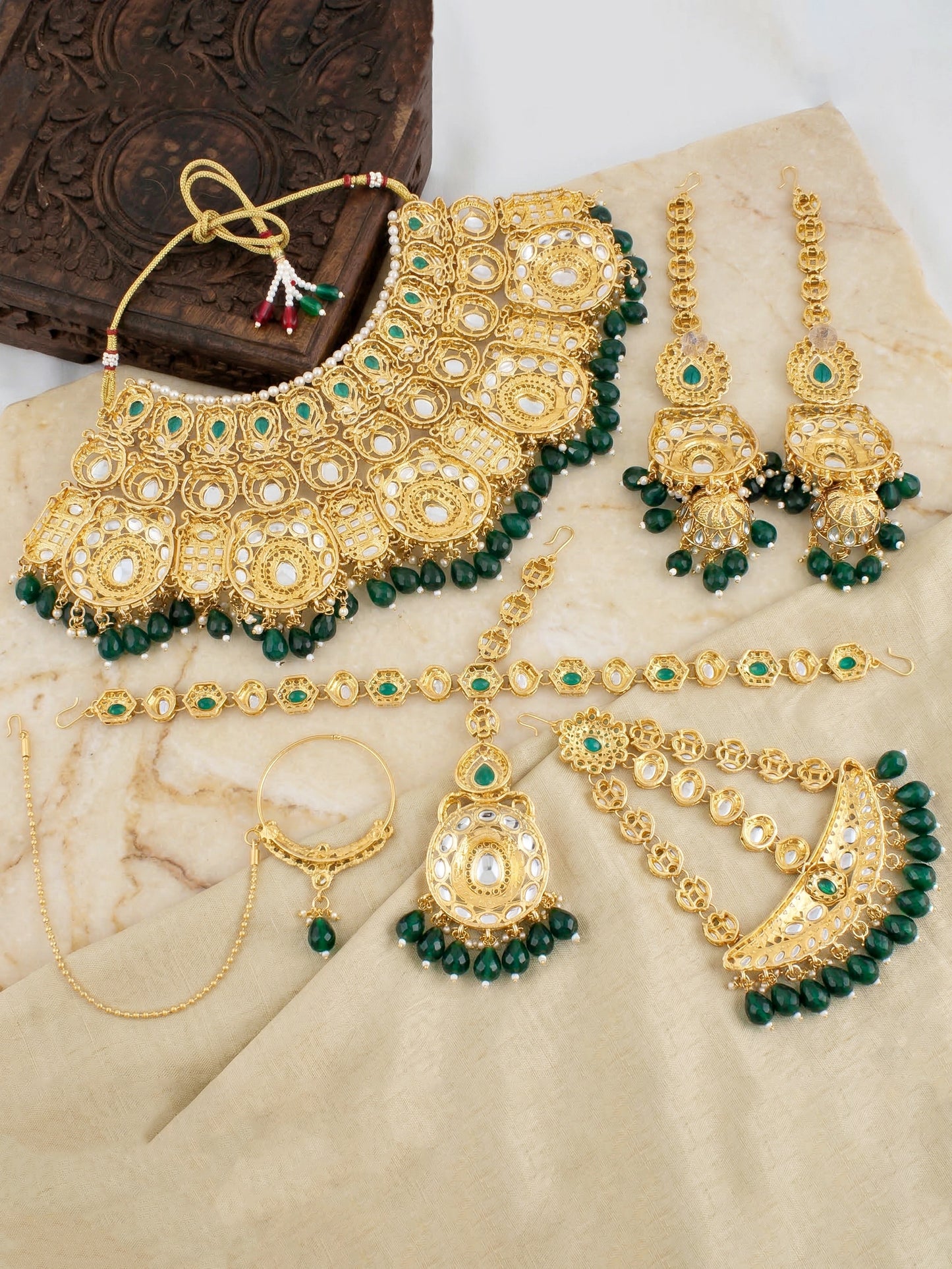 Bridal AD Green Stone Heavy Choker Jewellery Set with Sheesh Patti, Nath & Jhumka (3300-M8ZK-1103-G)