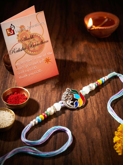 Traditional Silver-Tone Meenakari Peacock Beaded Rakhi For Brother With Roli Chawal & Card (102-S5R1-AR2786)