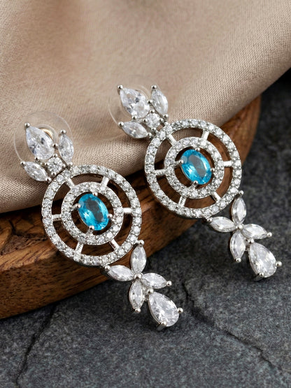 Silver-Tone Ferozi (Turquoise) Stone & American Diamond Necklace Set with Earrings for Women – Office, Party & Function Wear (1717-K4SA-2242-F-S)