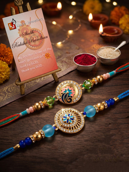 Lucky Jewellery Set of 2 Rakhi with Peacock & Floral Pendants, Blue & Green Beads, Roli Chawal & Card (173-S7R1-2317-2)