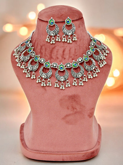 Oxidised Silver Plating Navratri Festival Jewellery Choker Necklace Set